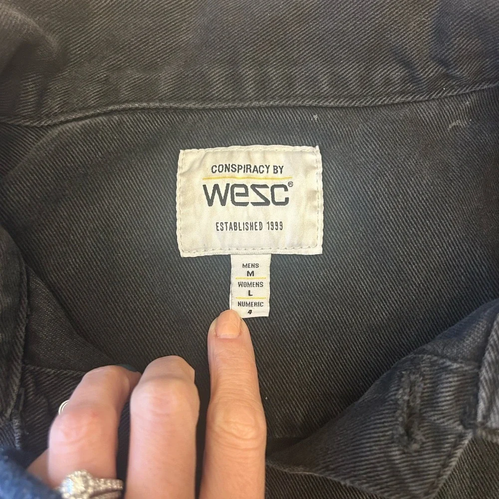 Conspiracy WESC Denim Jacket Unisex Black Smiley Face Trucker Mens m Women’s L - Picture 2 of 15